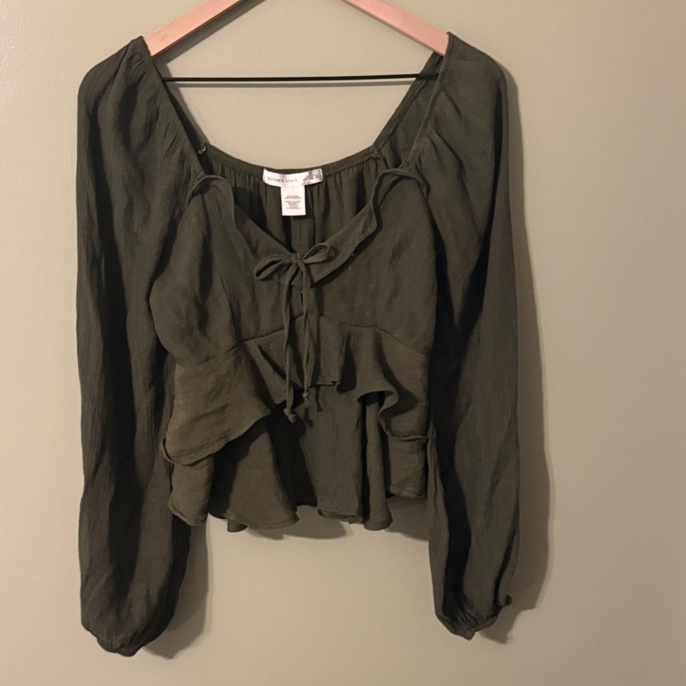 Altar'd State Dark Olive Ruffle Blouse